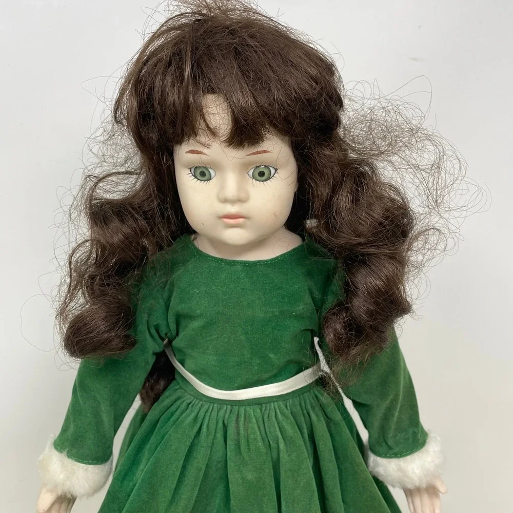 Vintage Porcelain Doll Green Velvet Christmas Dress Brunette Green Eyes Stand